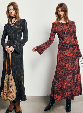 现货 天青色等烟雨  1OO%真丝双绉 45度斜裁桑蚕丝水墨印花连衣裙