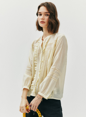 现货【精致通透】1OO%天丝 法式度假风重工蕾丝拼接压褶宽松衬衫