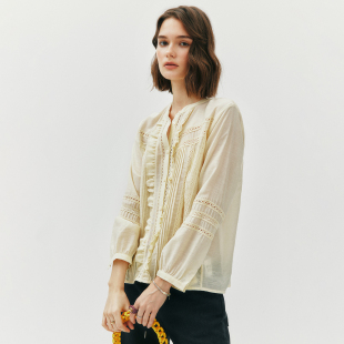 度假风重工蕾丝拼接压褶宽松衬衫 现货 法式 1OO%天丝 精致通透