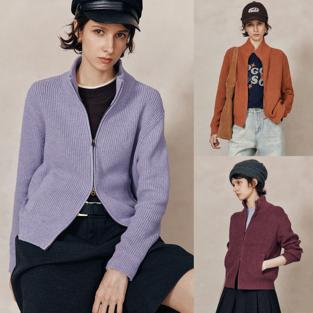 复古高领双向拉链粗棒针针织开衫