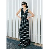 波点回潮 巴黎倩影 小众复古深V领收腰波点印花真丝连衣裙女