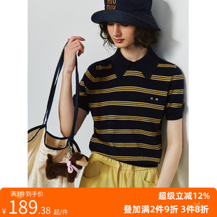缪系POLO领撞色条纹针织衫 桑蚕丝 羊绒 上衣女 区别市场版