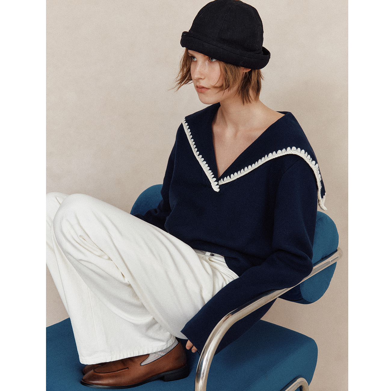 航海风海军领重工刺绣套头针织衫