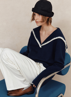 【自由的帆】1OO%精梳棉 航海风海军领重工刺绣套头针织衫上衣女