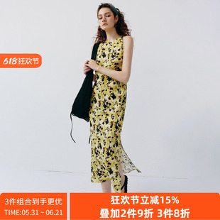 【南洋假日】1OO%亚麻 热带风情一字领无袖收腰显瘦印花连衣裙