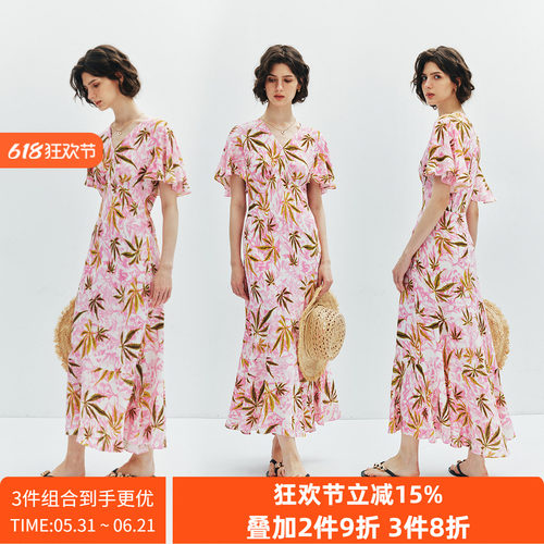 【招牌富丽绉】温婉出片 度假风V领荷叶边袖枫叶印花连衣裙女