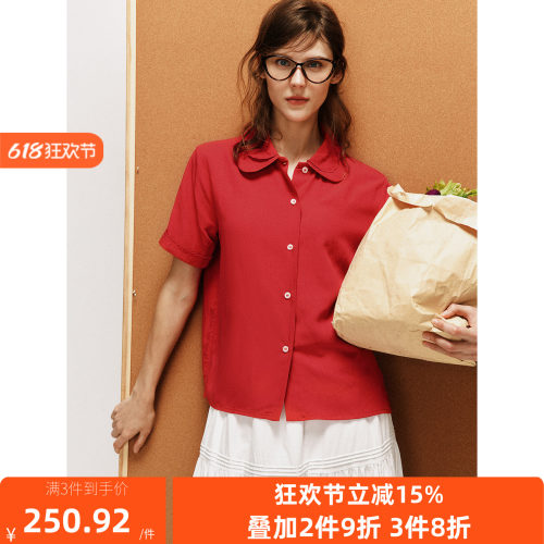 双层娃娃领短袖凉感纯棉衬衫衬衣