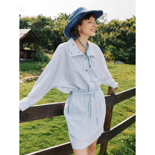 松紧抽绳收腰衬衫 立领蝙蝠袖 高支数精梳棉 连衣裙 纸片人神裙