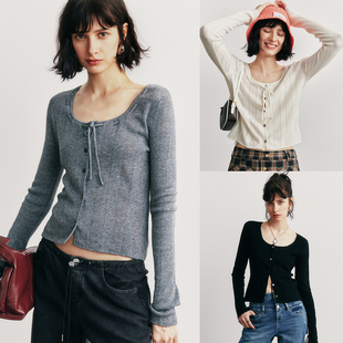 大圆领抽绳系带镂空钩花针织开衫 超细绵羊毛 上衣女 温柔佳人