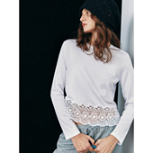 层次感拼接 1OO%天丝 舒适百搭圆领长袖 网眼蕾丝针织衫 上衣女