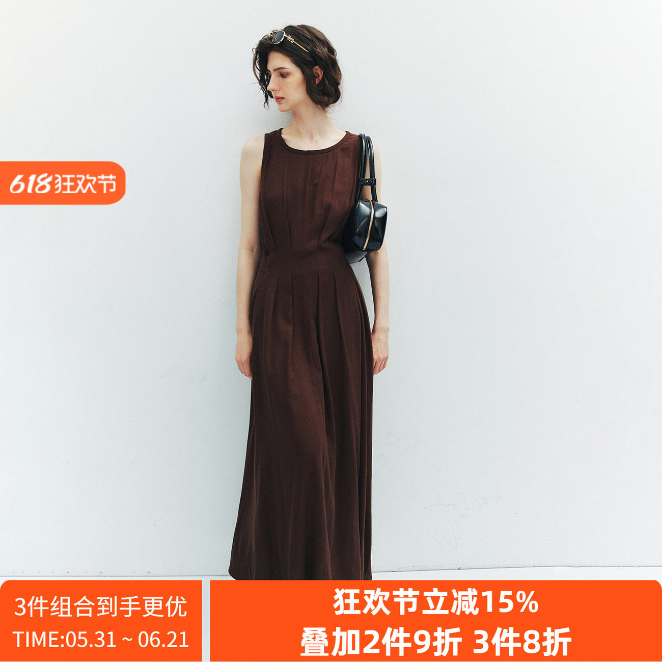 【天然空调】天丝麻 性价比赫本风圆领无袖压褶收腰茶歇裙连衣裙
