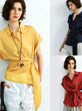 现货【造型满分】1OO%苎麻 简约通勤扭结设计落肩蝙蝠袖衬衫上衣