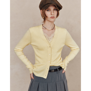 蕾丝拼接V领坑条显瘦套头针织衫 假两件设计 上衣 60支新澳纱线