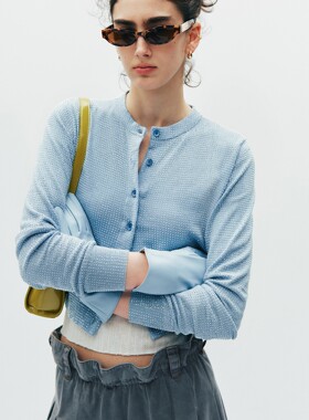 现货【满天星】及致细节感 重工满版烫钻圆领短款针织开衫上衣女