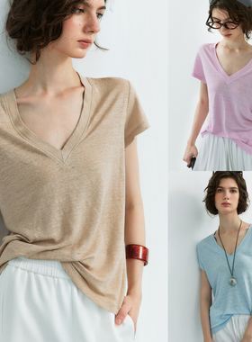 【2件8折】1OO%亚麻竹节纱 简约通勤微透V领短袖针织衫T恤女