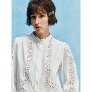 【马德拉雕孔刺绣】100%精梳棉 法式重工镂空绣花立领泡泡袖衬衫
