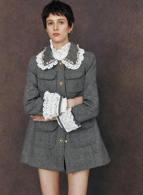 【张予曦同款】1OO%绵羊毛 复古宫廷风手工钉珠人字纹毛呢外套