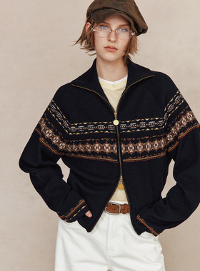 【小岛的风】费尔岛提花 一衣多穿拉链高领几何图案针织开衫上衣