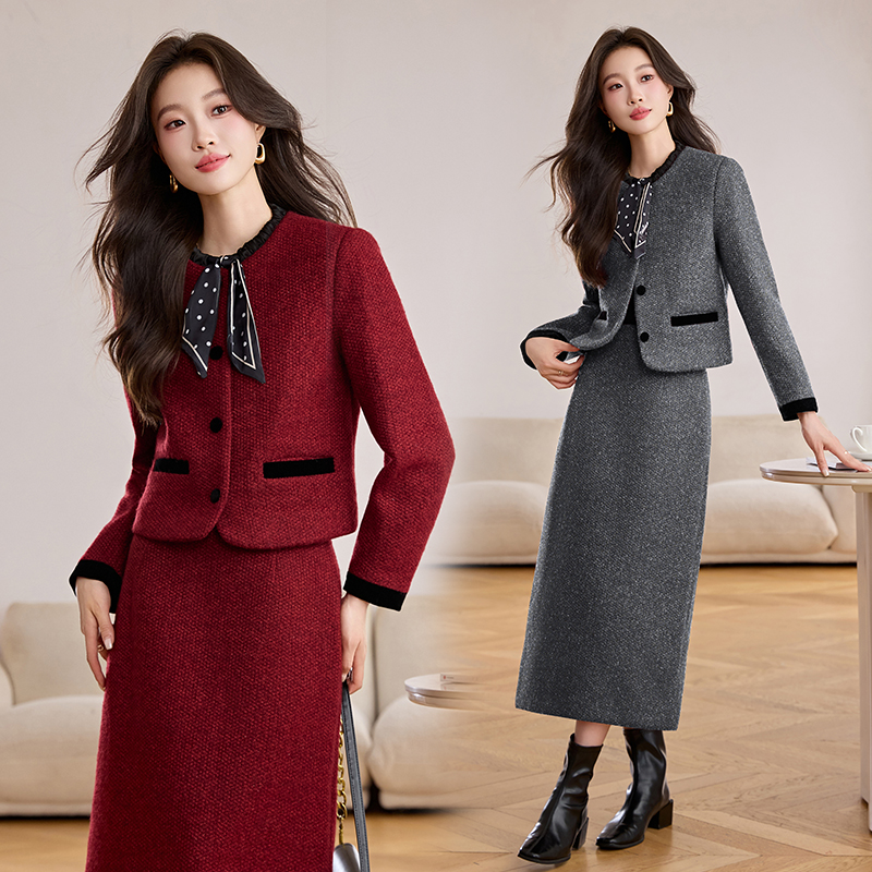 红色小香风毛呢套装裙女2025秋冬气质独特超好看礼服半身裙两件套
