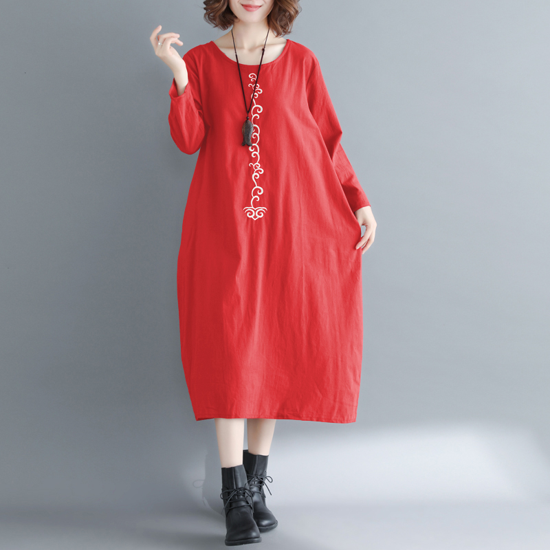 Real picture spring new Korean large women's round neck medium length cotton and linen dress loose