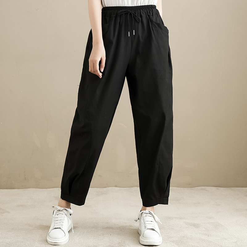 Real shot spring and summer string Harem Pants women's literature and art large pocket casual pants loose Capris