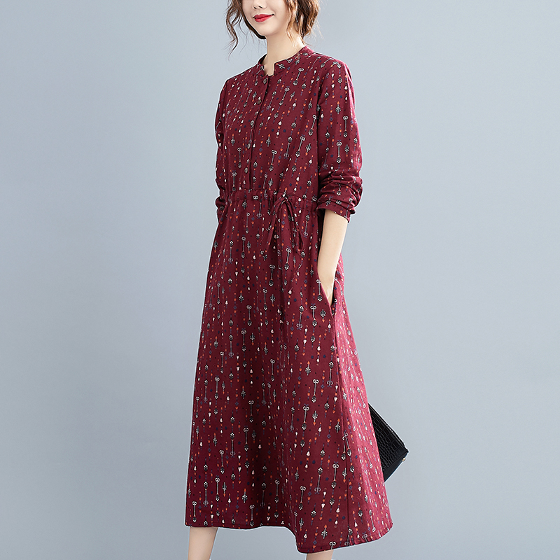 Real shot cotton linen dress mid long autumn 2020 new casual art printed long sleeve waist back skirt