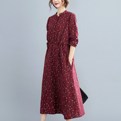 Real shot cotton linen dress mid long autumn 2020 new casual art printed long sleeve waist back skirt