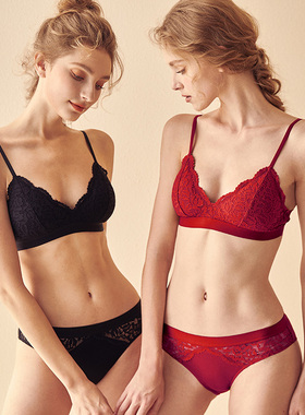 性感蕾丝法式三角杯文胸套装红色本命年新娘结婚无钢圈小胸内衣女