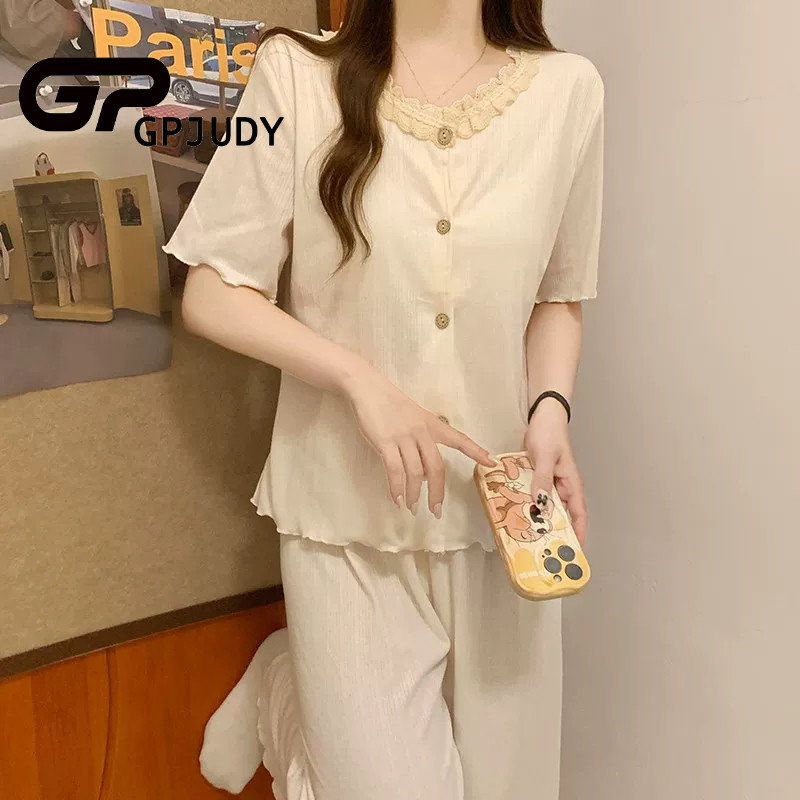 日系GP短袖长裤睡衣女款夏季纯棉2025新款夏天带胸垫花边杏色套装