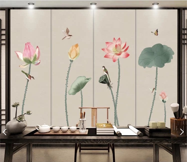 禅意简约水墨荷花壁画新中式背景墙装饰画酒店宾馆卧室背景壁画