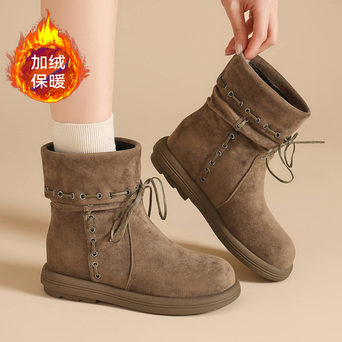 复古加绒磨砂皮小短靴女2025新款