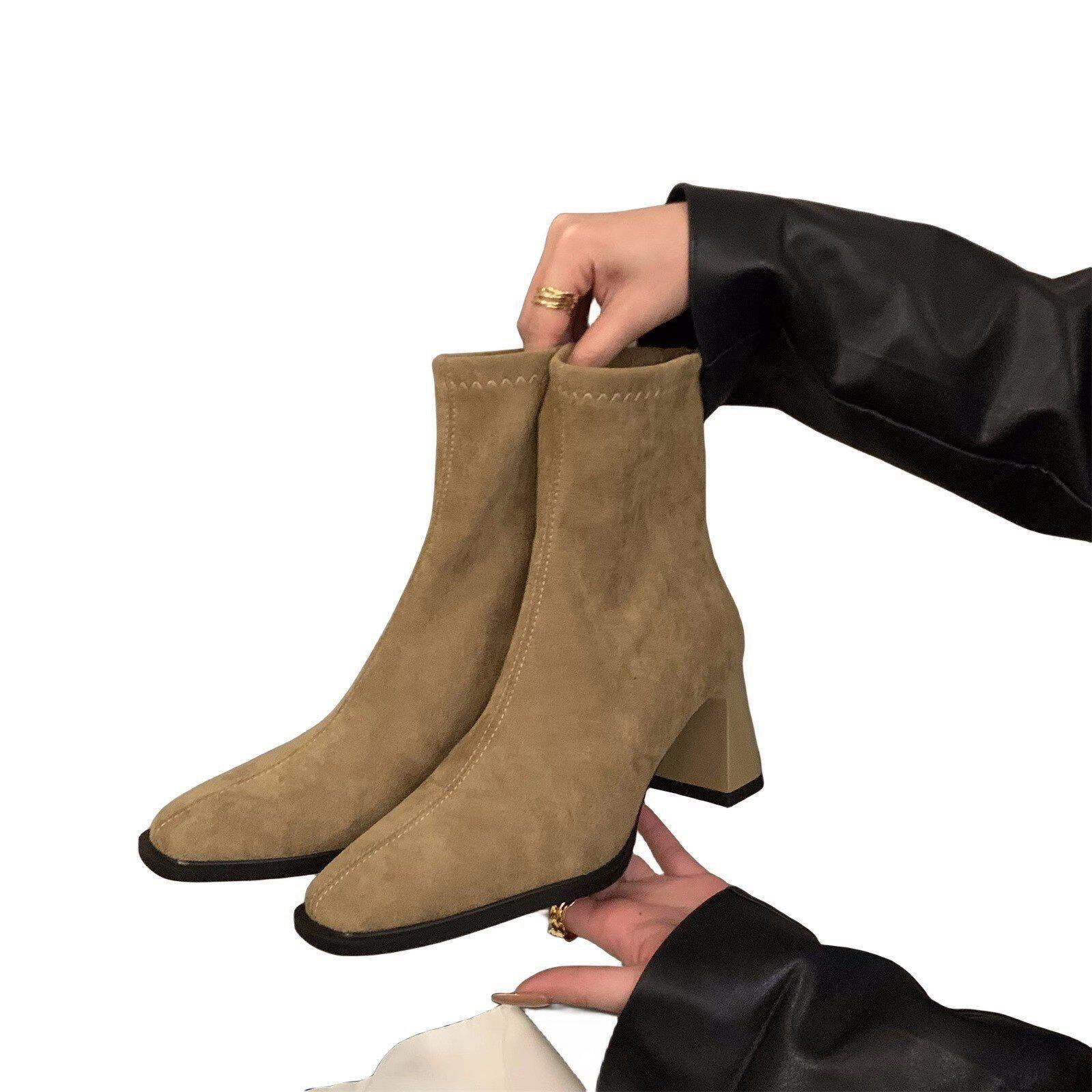 高跟方头瘦瘦踝靴加绒小新款绒面