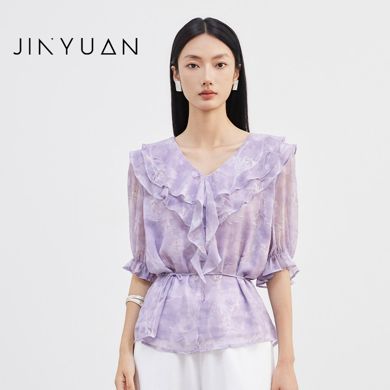 金苑雪纺衫女2026年夏季新款紫色荷叶边V领短袖上衣A262119