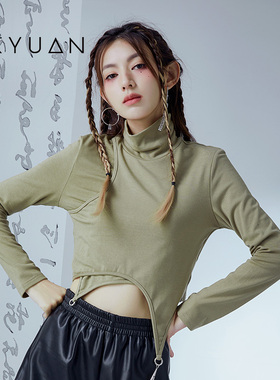 金苑高领短款长袖T恤女冬季新款设计感不规则打底上衣F225105