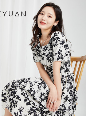 金苑碎花连衣裙女夏季新款时尚法式方领显瘦收腰裙子G222118