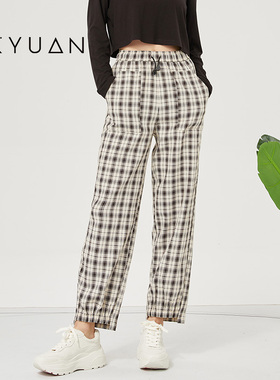 金苑裤子女春季新款直筒格纹宽松时尚阔腿休闲长裤女C221113