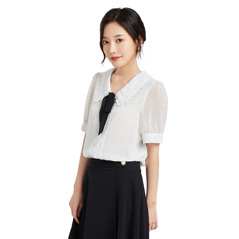 金苑雪纺衫女夏季新款娃娃领系带波点短袖上衣薄款A222108