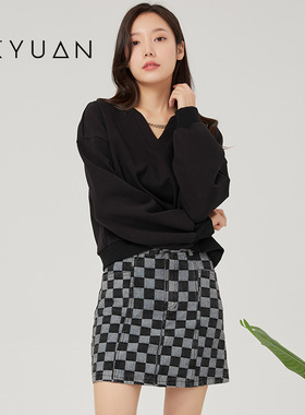 金苑格纹裙子女春季新款时尚a字裙潮流复古气质半身裙B221105