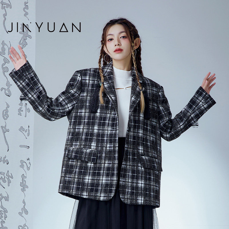 金苑小西装外套女冬季新款黑白格纹国风潮流时尚上衣E225105