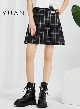 金苑裙子女夏季新款复古时尚格子黑色高级百褶半身裙B222110