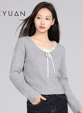 金苑冬季新款假两件系带高级感内搭打底针织衫短上衣H245107