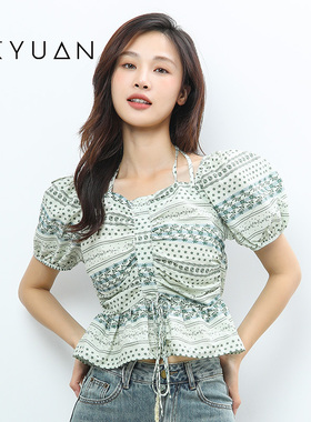 金苑方领雪纺泡泡短袖衬衫女夏季新款法式皱褶上衣A232122