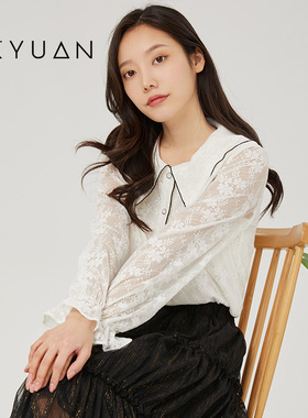 金苑雪纺衫女春季新款娃娃领半透明网纱设计感上衣A221106