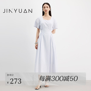 金苑连衣裙女2025夏季 中长裙G252111 新款 方领甜美温柔收腰短袖
