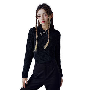 金苑蕾丝衫印花国潮风上衣女冬季新款修身收腰不规则下摆A225103