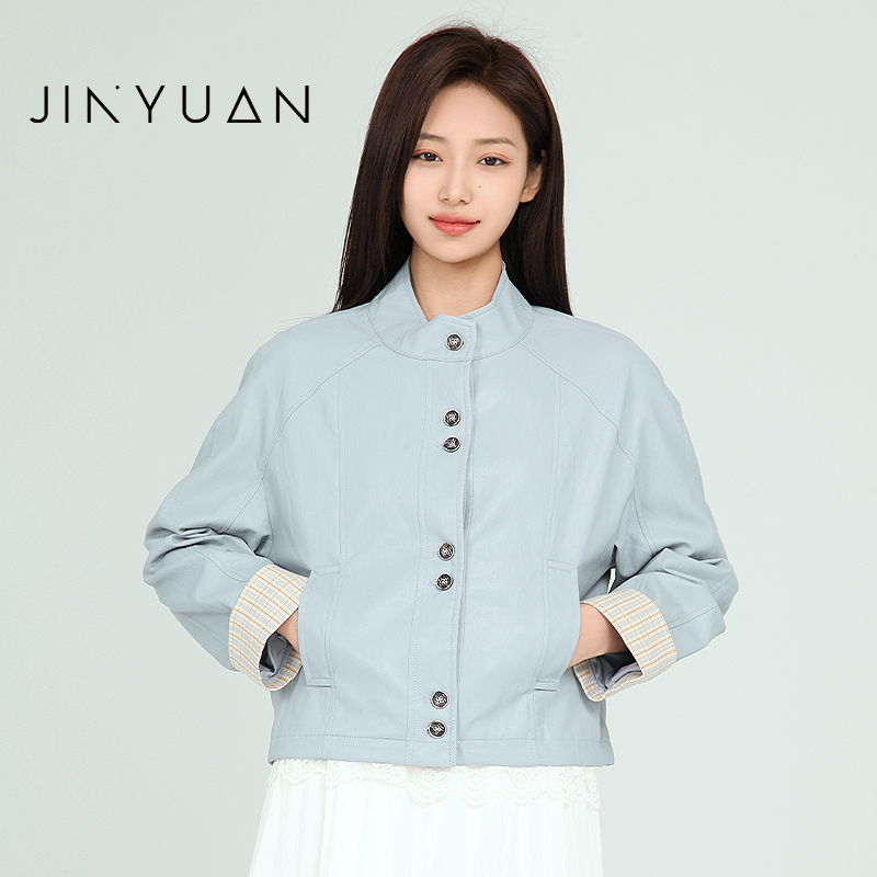 金苑2025春季新款PU皮短皮衣女韩版小个子棒球挽袖外套D251111