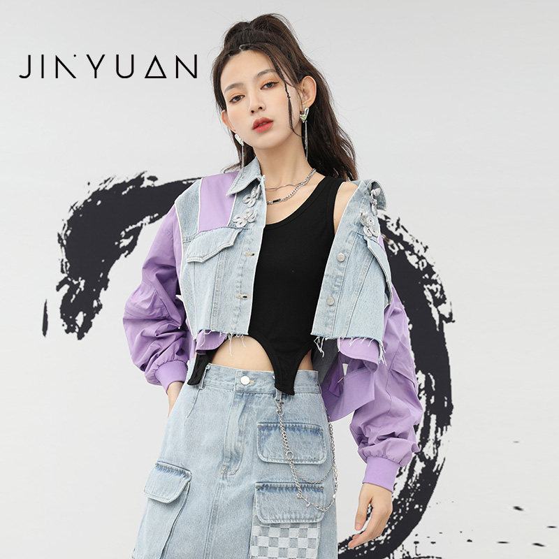金苑短外套女秋季新款潮流拼接撞色设计感牛仔夹克女D223102
