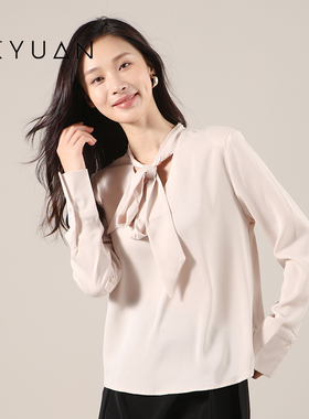 金苑洋气蝴蝶结V领雪纺衫女秋新款长袖衬衫小衫上衣A233101