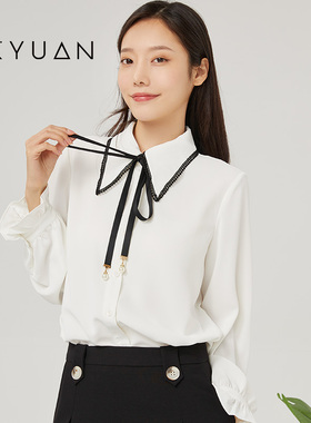 金苑雪纺衬衫女春季新款时尚潮流法式白色翻领上衣女A221101