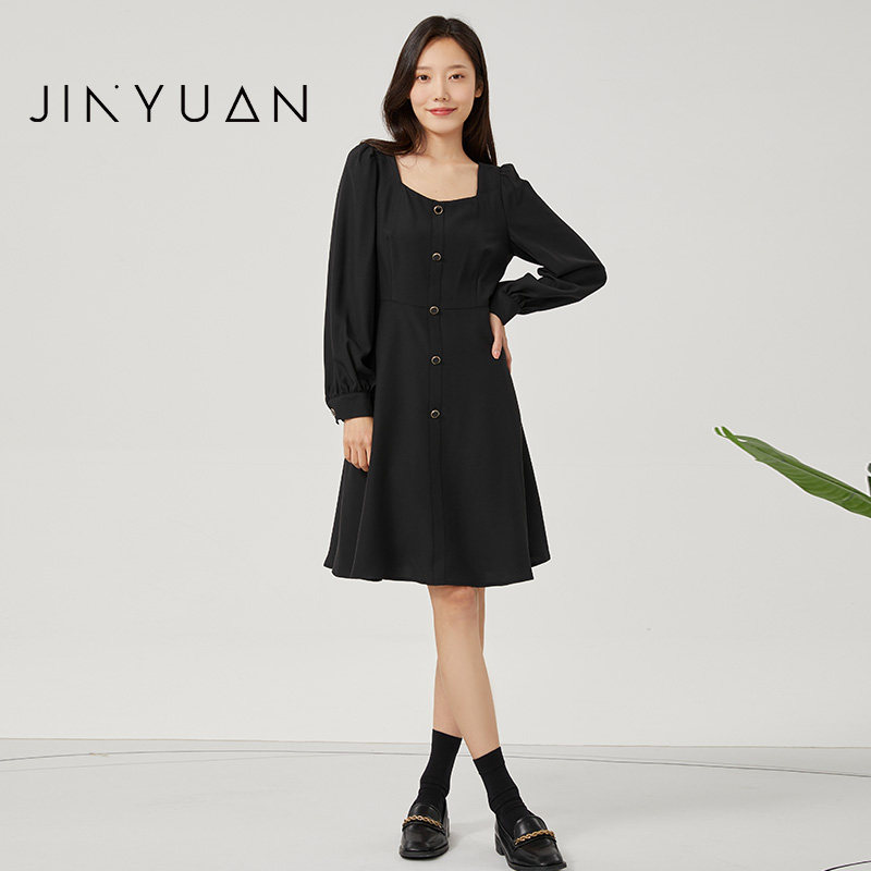 金苑气质显瘦连衣裙方领黑色
